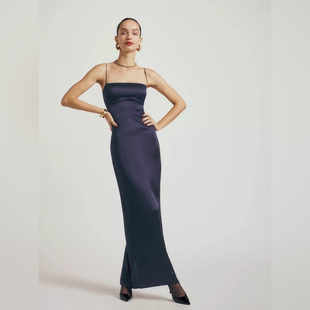 Reformation Frankie Navy Blue Silk Dress